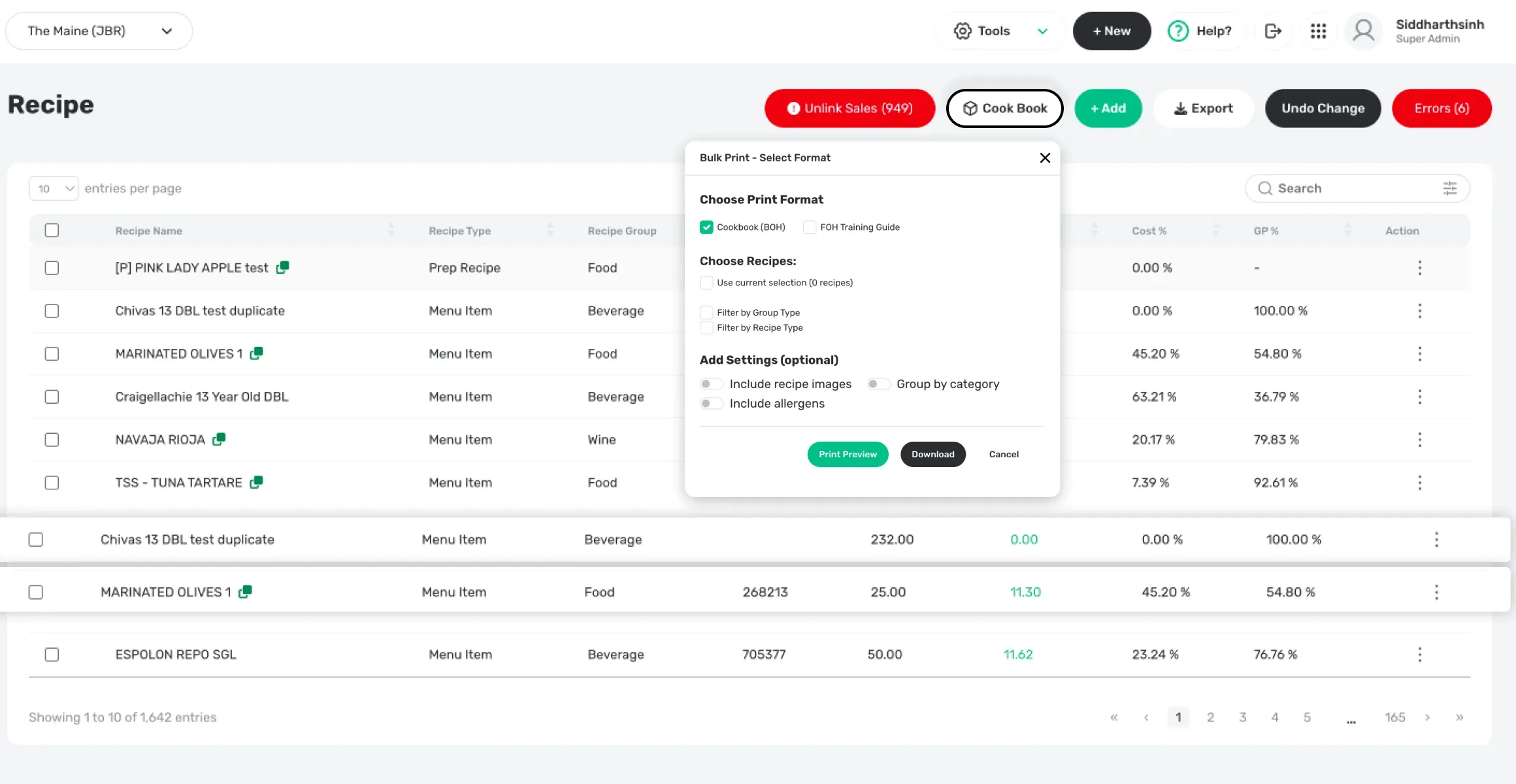 Recipe and menu control for kitchens